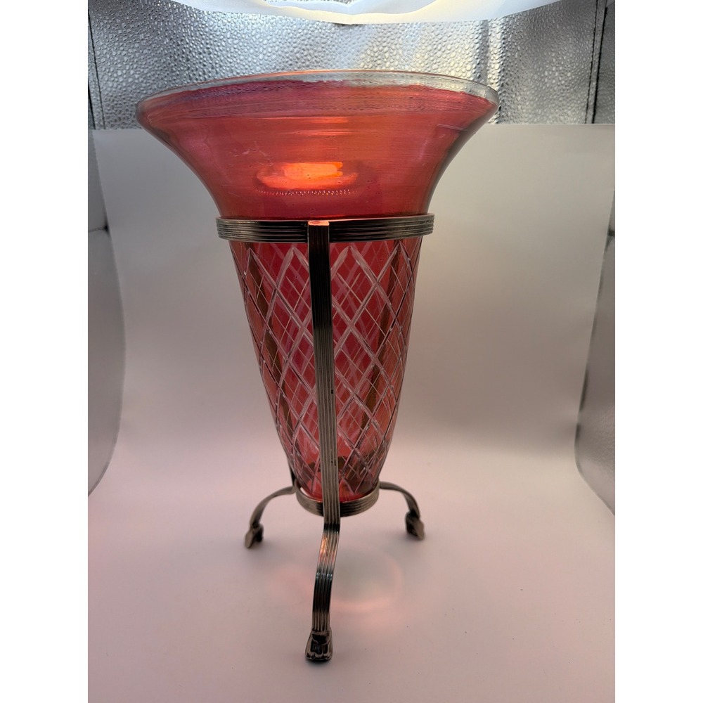 Vintage Cranberry Glass Trumpet Vase with Etched Lattice & Silver Tripod Stand